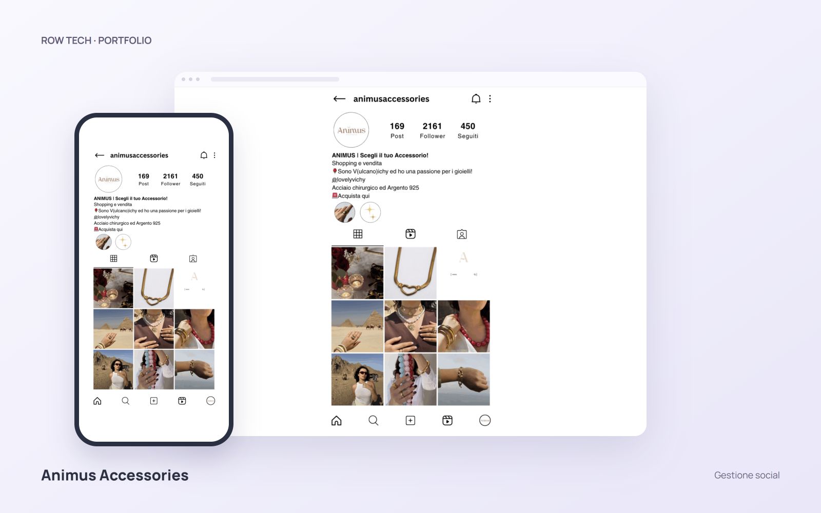 Profilo e feed Instagram di Animus Accessories in un mockup desktop e smartphone