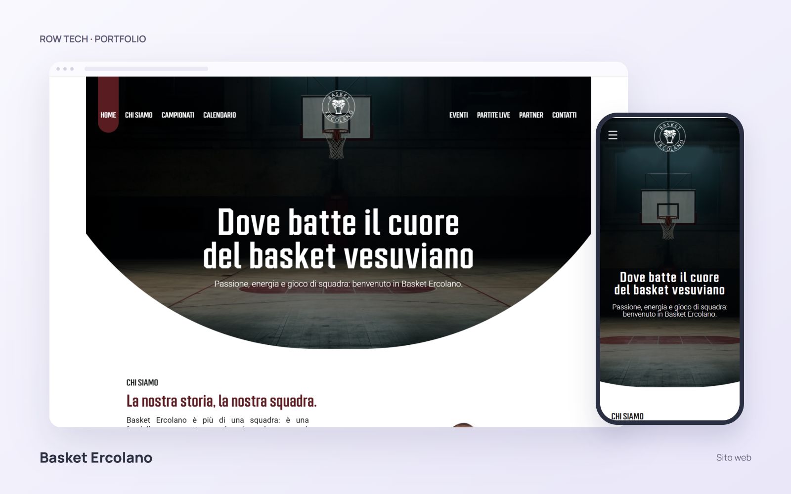 Homepage del sito Basket Ercolano in un mockup desktop e smartphone