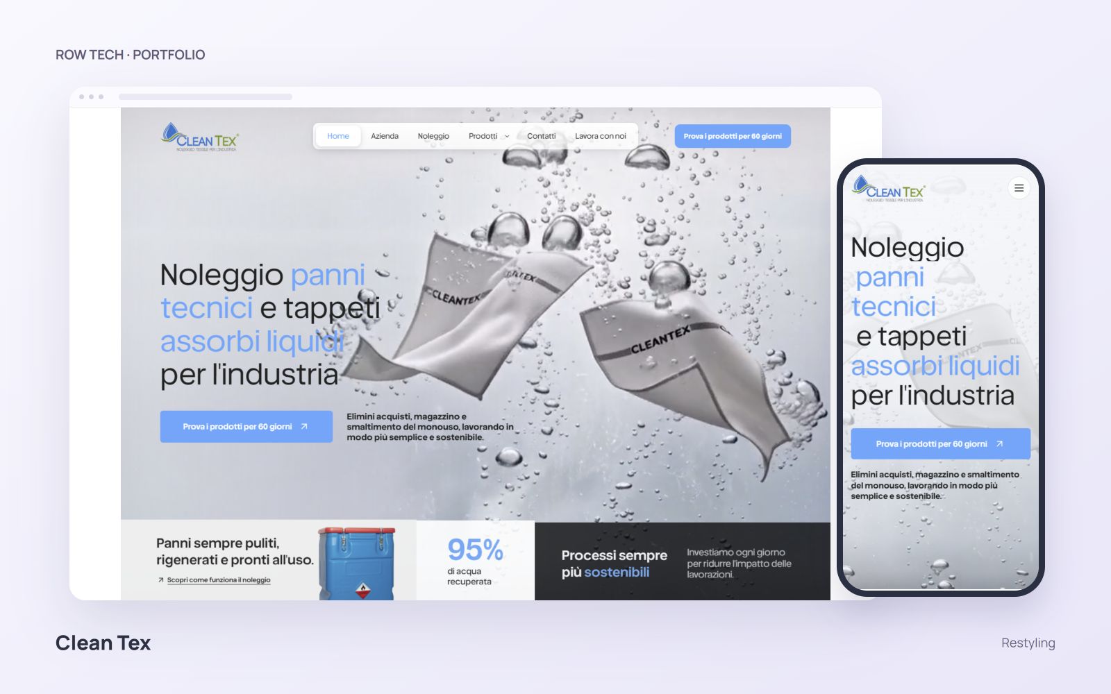 Homepage del sito Clean Tex in un mockup desktop e smartphone