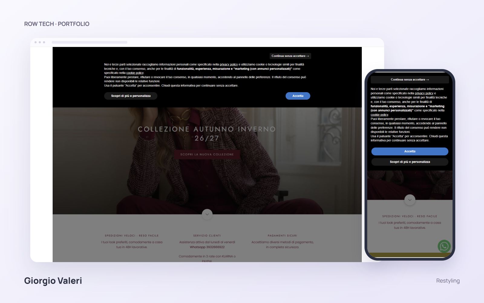 Homepage del sito Giorgio Valeri in un mockup desktop e smartphone