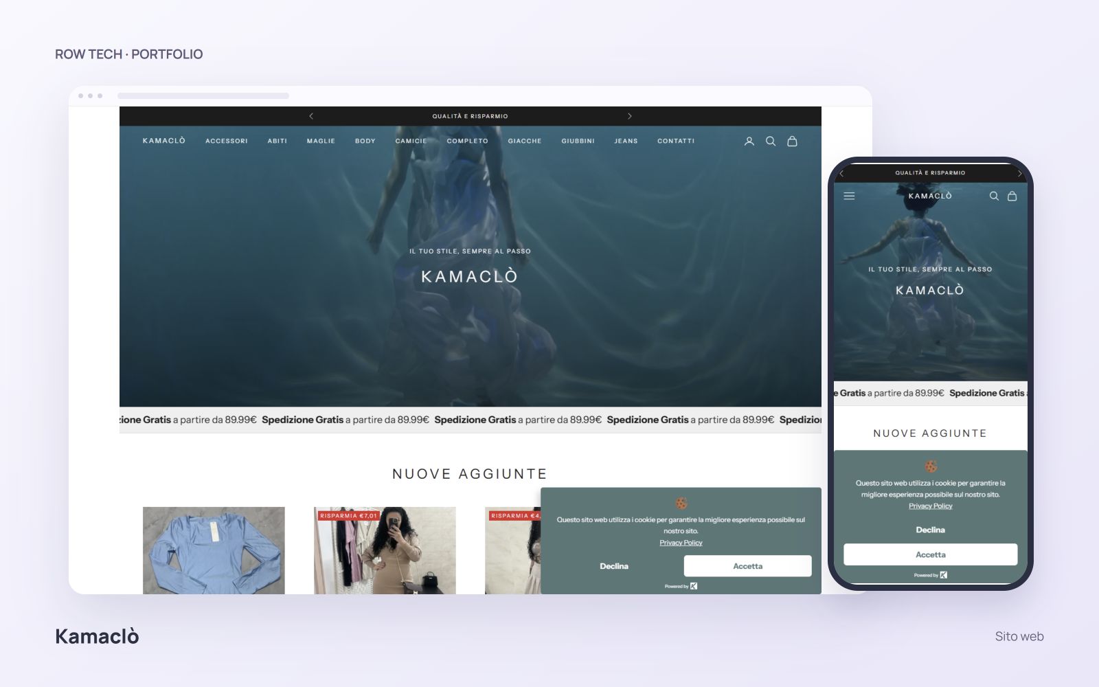 Homepage del sito Kamaclò in un mockup desktop e smartphone