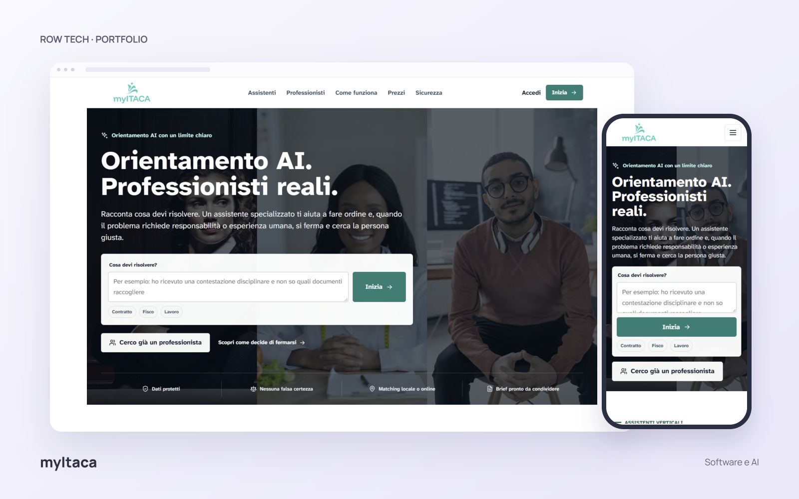 Homepage del sito myItaca in un mockup desktop e smartphone