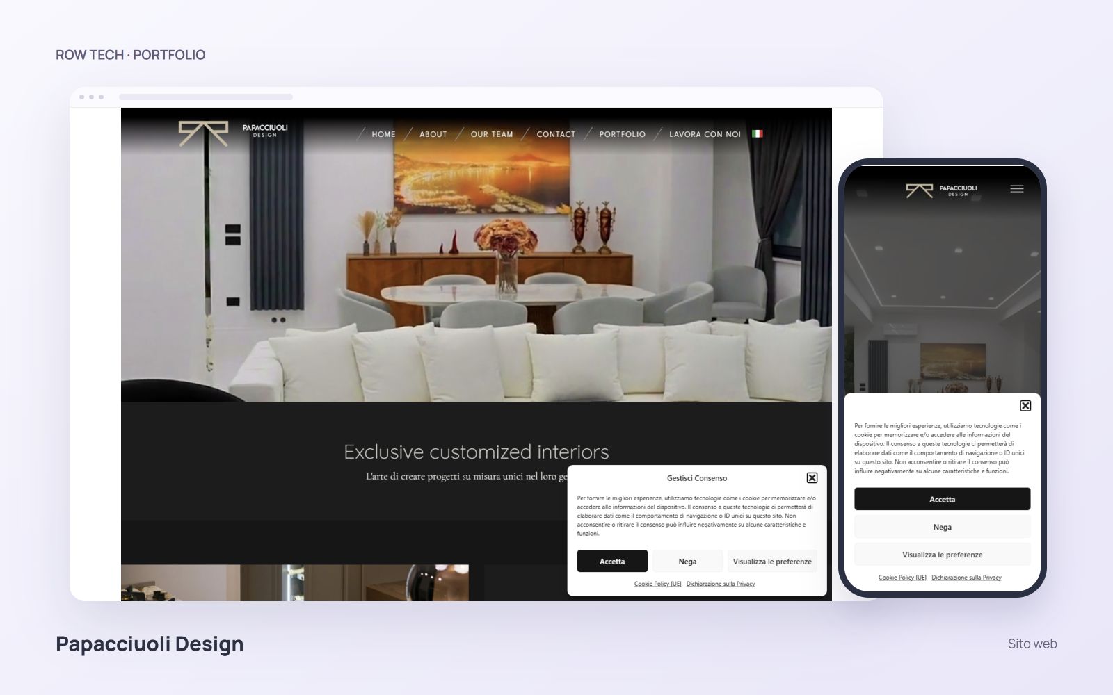 Homepage del sito Papacciuoli Design in un mockup desktop e smartphone