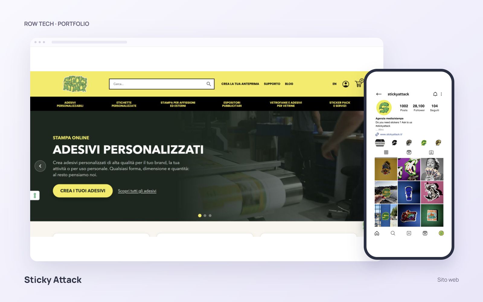 Homepage dell’e-commerce Sticky Attack su desktop e profilo Instagram su smartphone