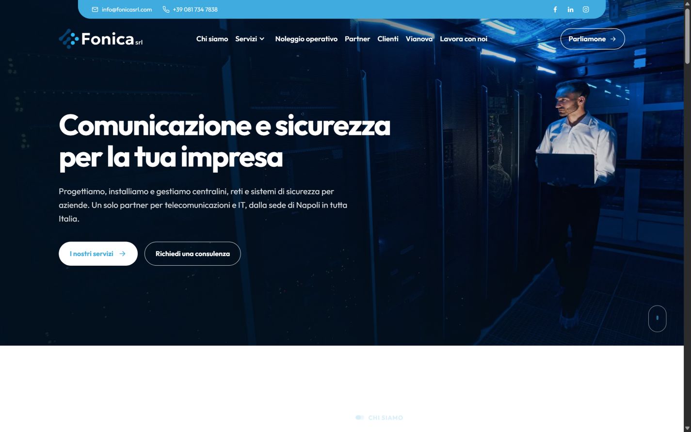 Nuova homepage Fonica con il messaggio Comunicazione e sicurezza per la tua impresa