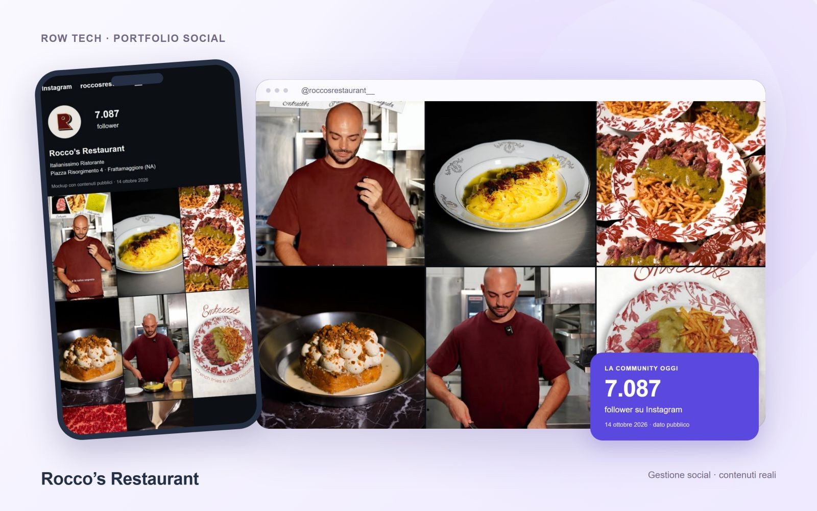Mockup del profilo Instagram e dei contenuti di Rocco’s Restaurant, aggiornato al 14 ottobre 2026