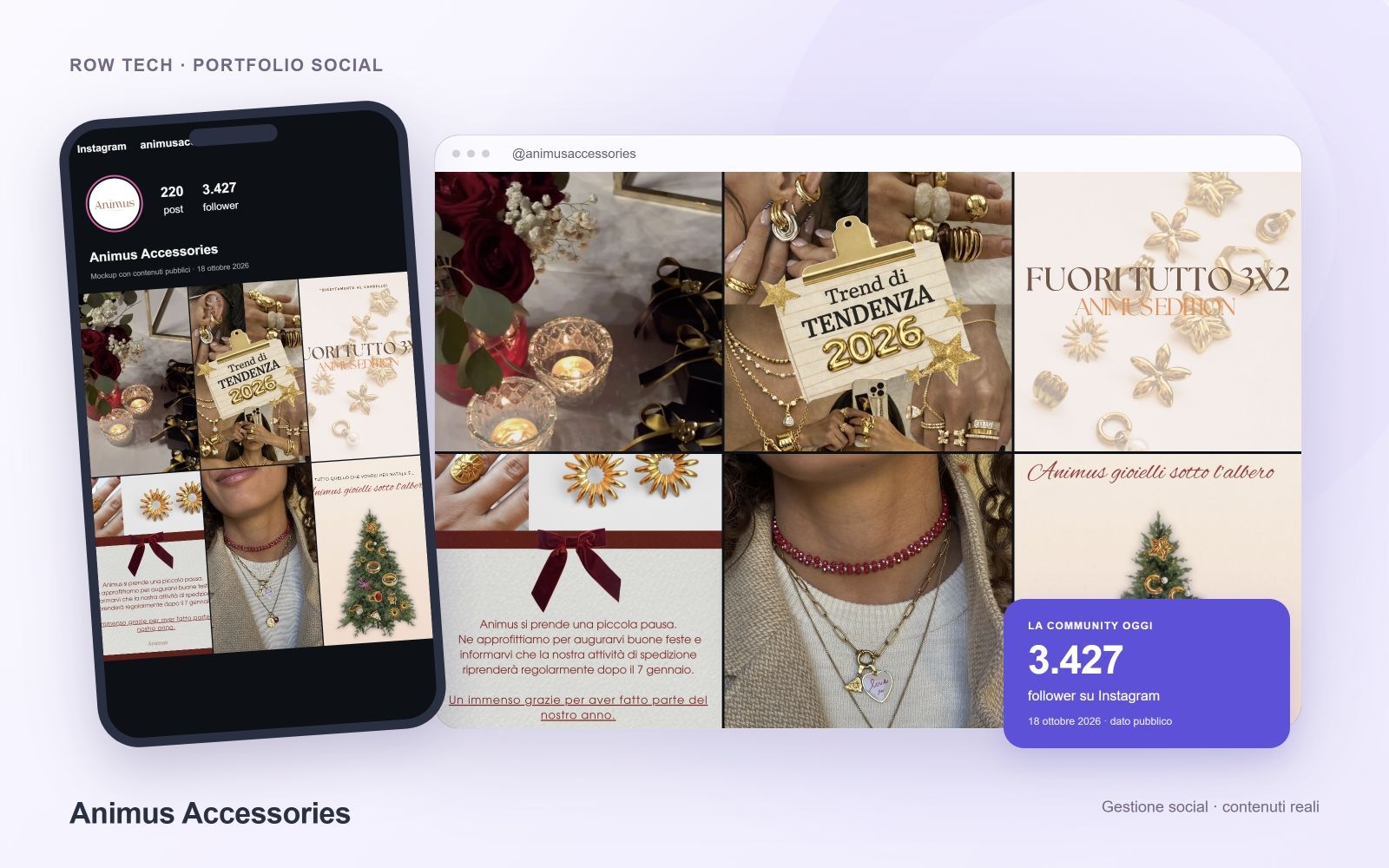 Animus Accessories — mockup del profilo Instagram @animusaccessories e contenuti reali; follower rilevati il 18 ottobre 2026