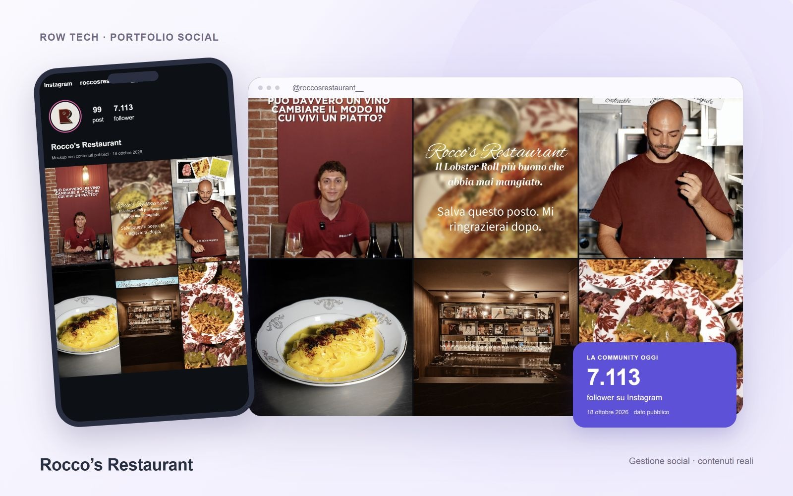 Rocco’s Restaurant — mockup del profilo Instagram @roccosrestaurant__ e contenuti reali; follower rilevati il 18 ottobre 2026
