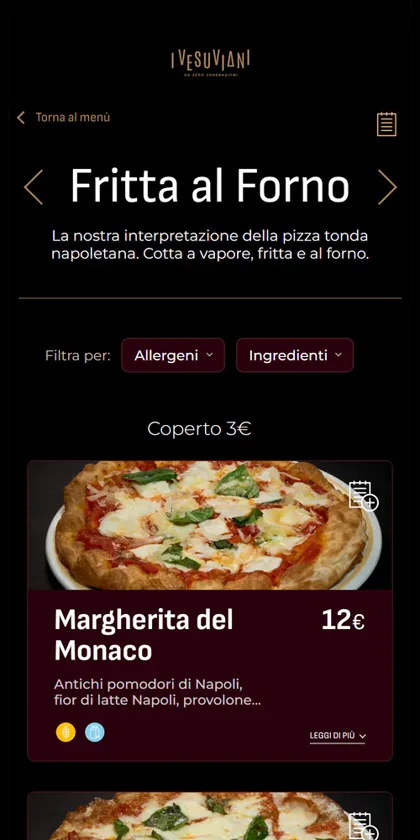 Il menu pubblico dei Vesuviani da telefono
