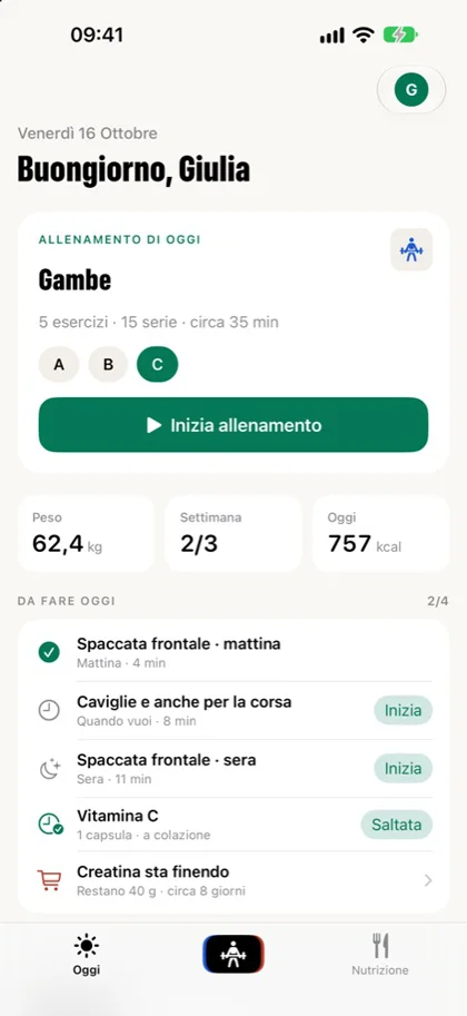 Schermata Oggi di ATLIVORA con l’allenamento del giorno