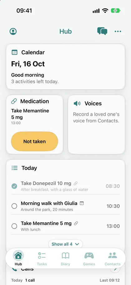 Care+, la schermata principale con calendario, farmaco e voci registrate