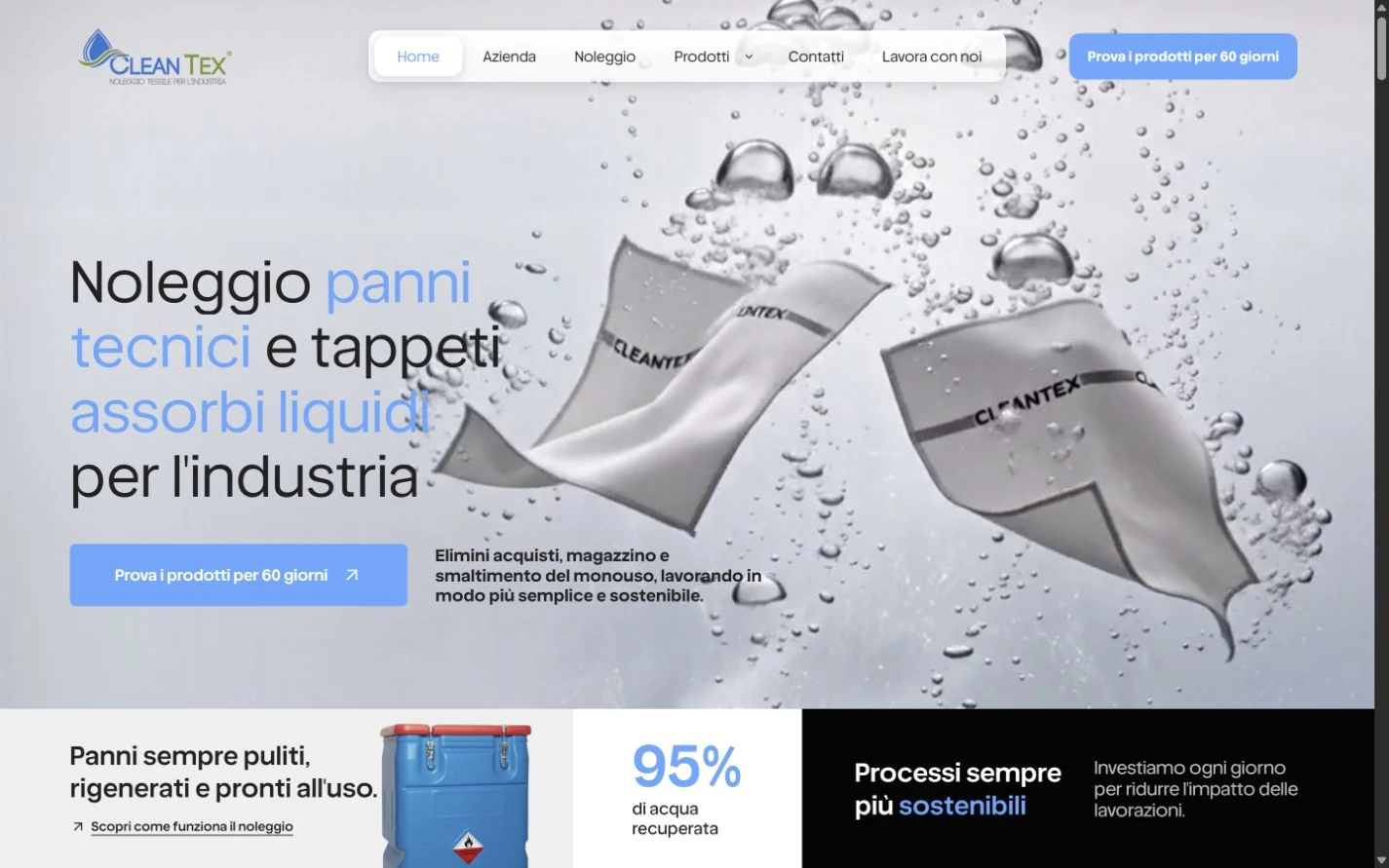 Homepage del nuovo sito Clean Tex su desktop