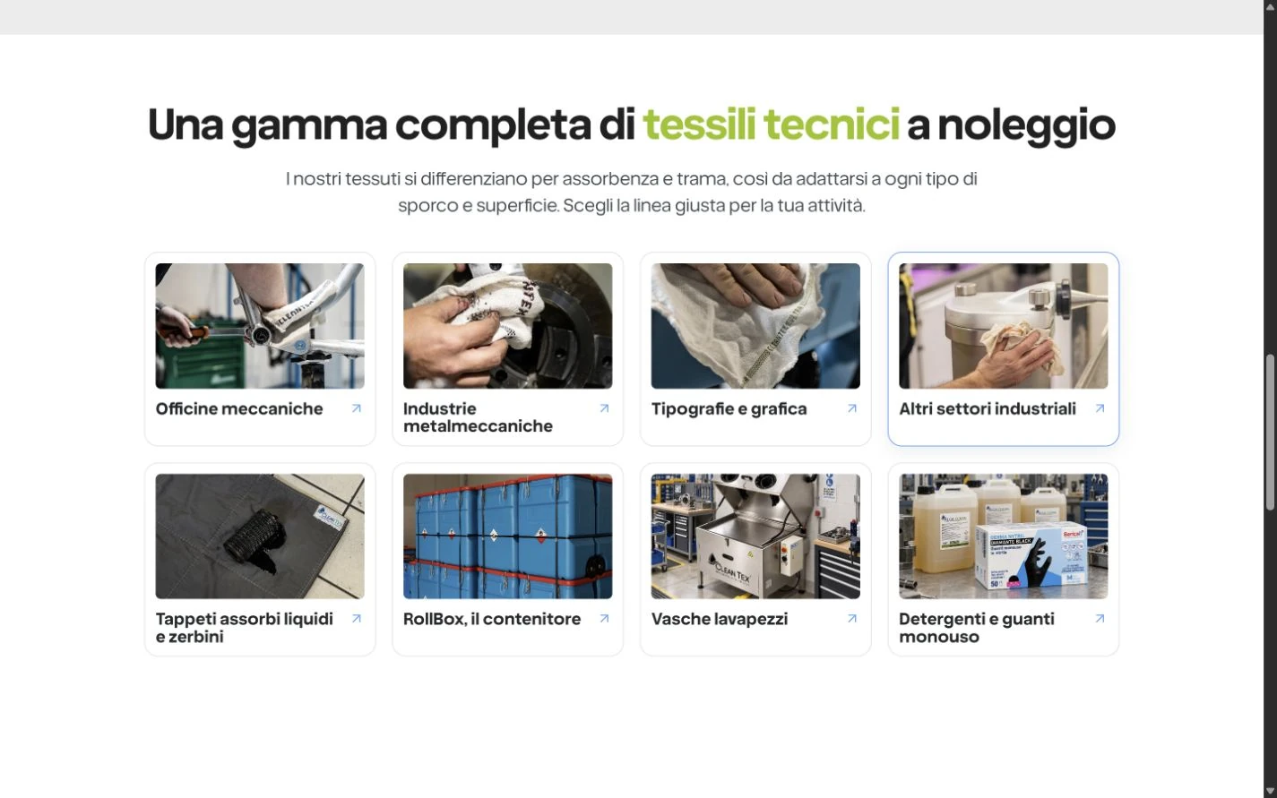 La griglia del sito Clean Tex con otto categorie di prodotti e applicazioni