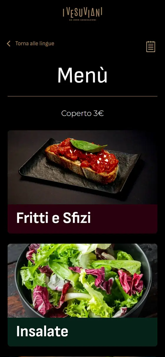 La home del menù I Vesuviani su smartphone, con la foto di ogni categoria