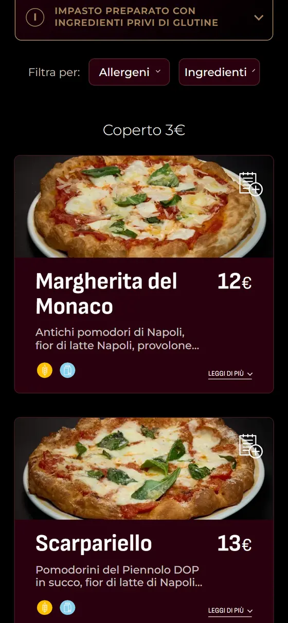 Le pizze napoletane con foto, prezzo e icone allergeni