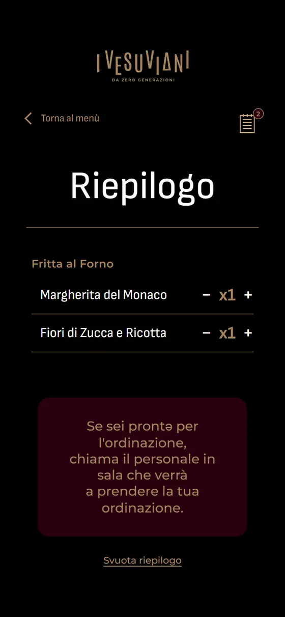 Il riepilogo con i piatti scelti dal cliente, pronto per la comanda