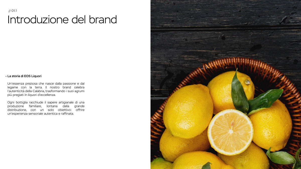 La pagina «Brand story» della presentazione di EOS Liquori