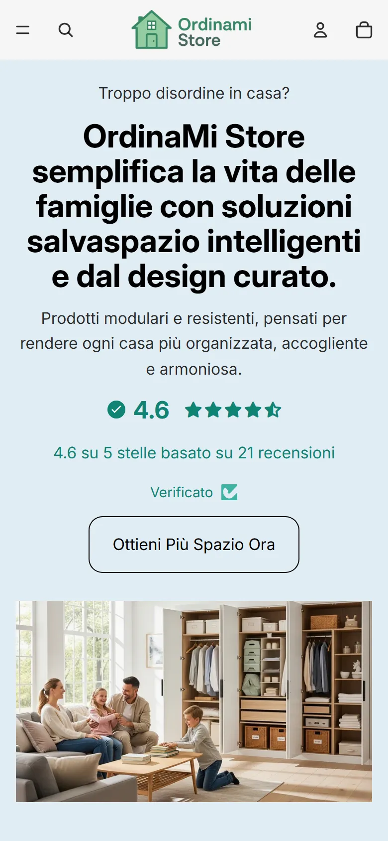 La homepage di OrdinaMi Store vista da smartphone