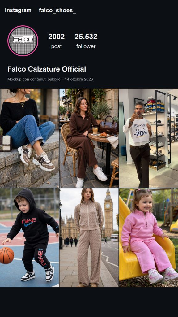 Il profilo Instagram di Falco Calzature, 14 ottobre 2026