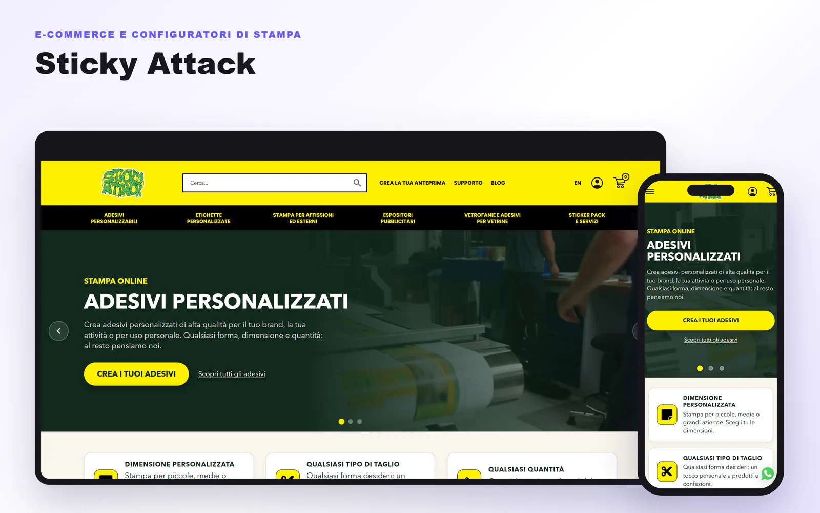 Anteprima desktop e mobile del sito Sticky Attack