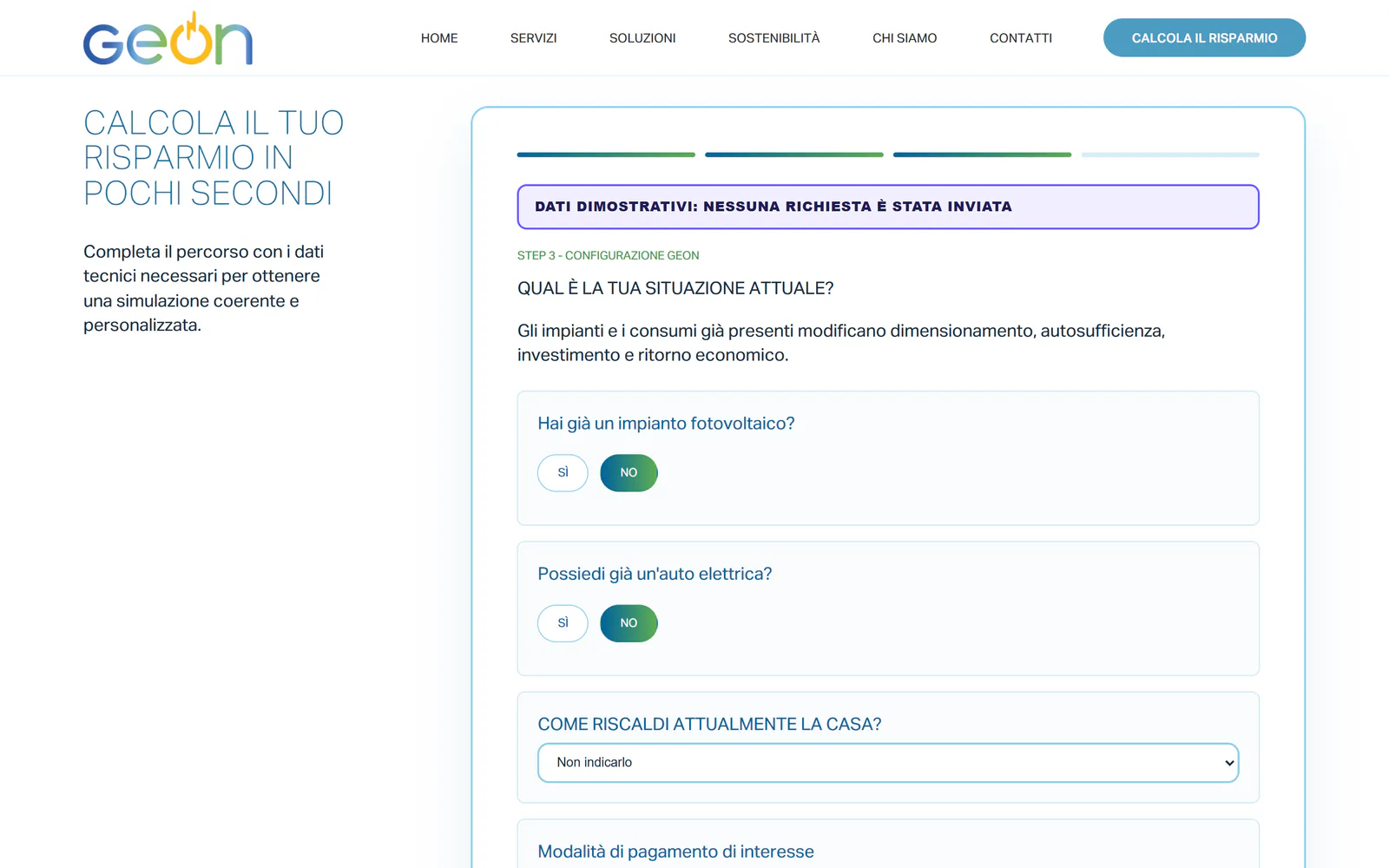 Configurazione con valori dimostrativi per GEON Solar