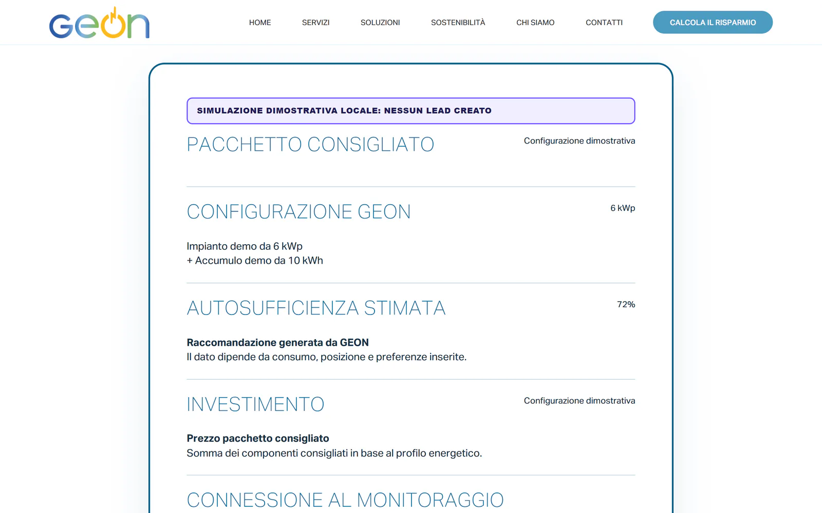 Report renderizzato localmente con valori dimostrativi per GEON Solar