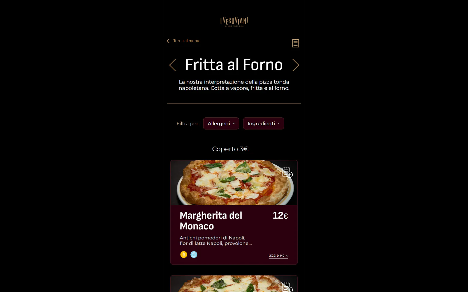 Prodotto pubblico con ingredienti e allergeni per Menu Pizzeria I Vesuviani
