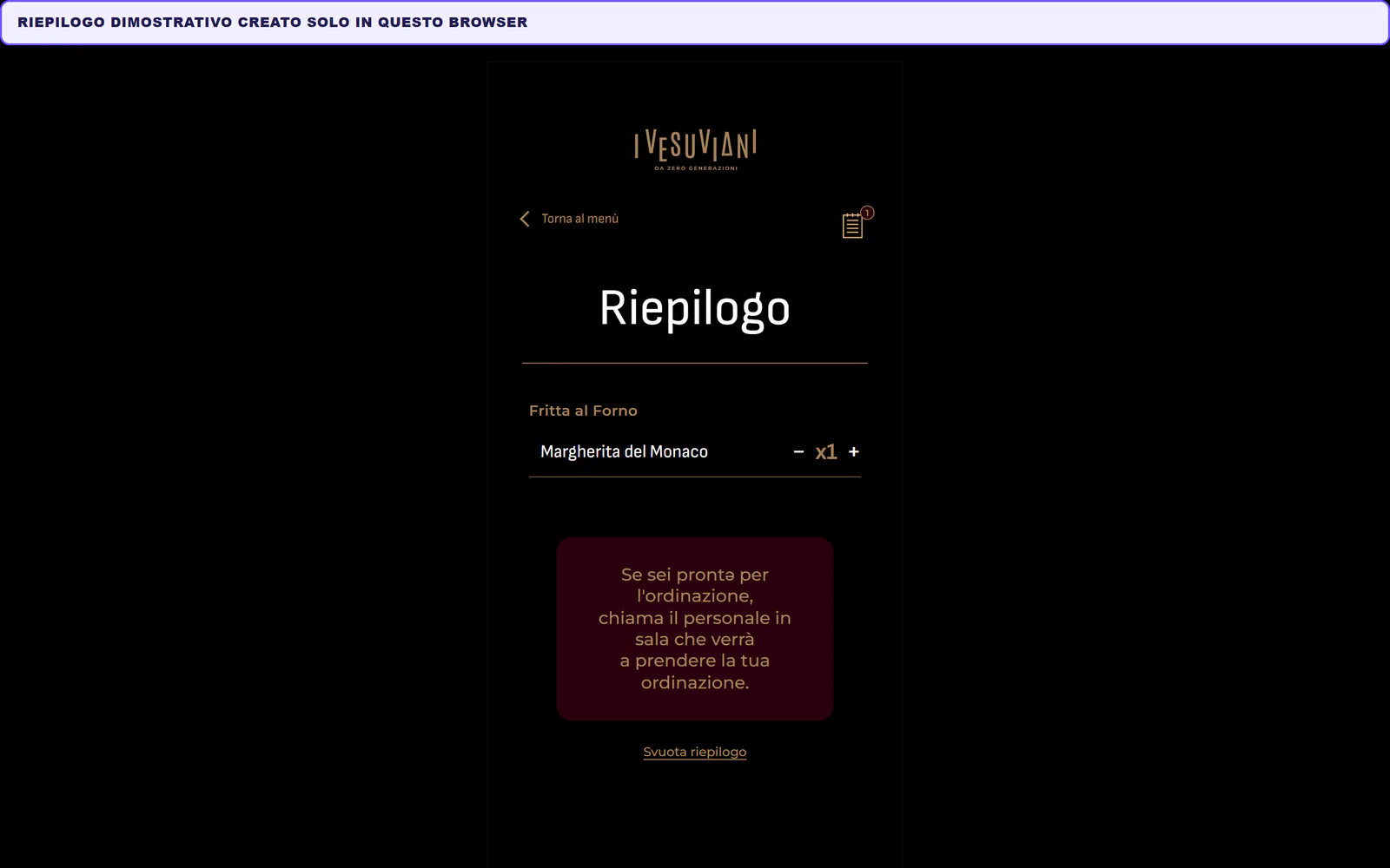 Riepilogo personale creato solo nel browser per Menu Pizzeria I Vesuviani